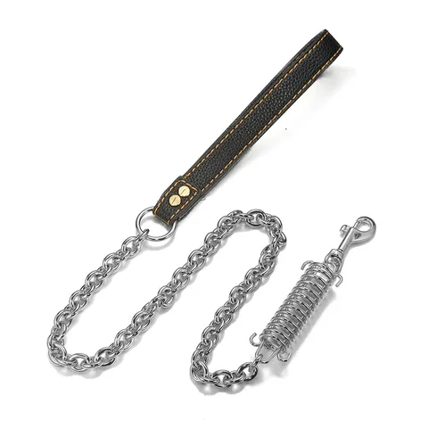 Correa de Cadena para Perros de Acero Inoxidable Resistente Correa de Entrenamiento para Mascotas con Amortiguador de Resorte y Mango de Cuero para Perros