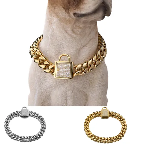 Stainless Steel Cuban Chain Dog Collar Heavy Duty Metal Pet Necklace With Rhinestone Lock For Medium And Large Dogs