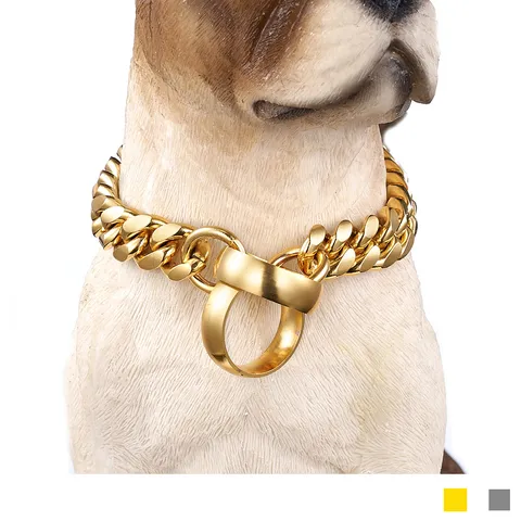 Stainless Steel Cuban Link Dog Collar Heavy Duty Metal Pet Training P-Chain Collar For Medium Large Dogs Gold Silver
