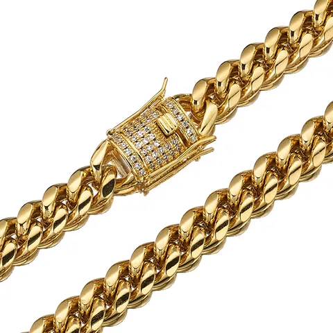 Men's Stainless Steel Cuban Link Chain Necklace Gold Plated Miami Curb Chain With Rhinestone Box Clasp Fashion Jewelry