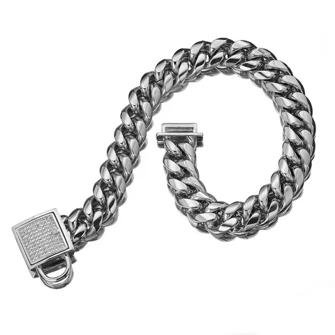 Stainless Steel Cuban Chain Dog Collar Heavy Duty Metal Pet Necklace With Rhinestone Lock For Medium And Large Dogs