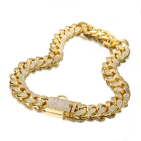 Collare per Cani da Compagnia in Strass Pieno Catena Maglia Cubana Metallo Ottone Oro Acciaio Accessori per Animali