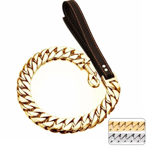 Heavy Duty Stainless Steel Dog Chain Collar With Black Leather Leash Heavy Pet Training Chain For Large Dogs