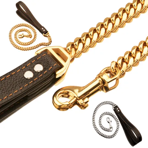 Stainless Steel Cuban Chain Dog Leash Heavy Duty Metal Pet Traction Rope With Black Leather Handle Gold Silver Dog Collar Pet Supplies