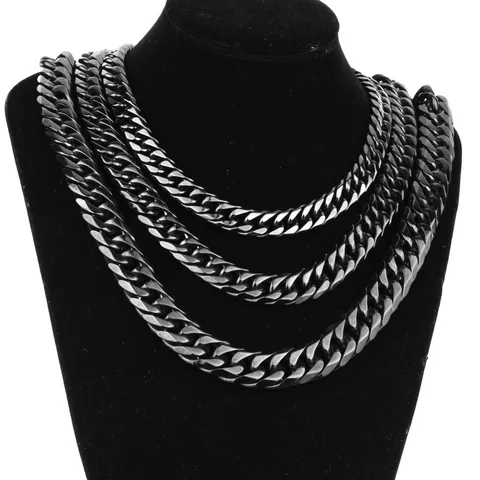 Men's Stainless Steel Cuban Link Chain Necklace Vacuum Plated Black Heavy Chunky Metal Choker Fashion Jewelry Gift