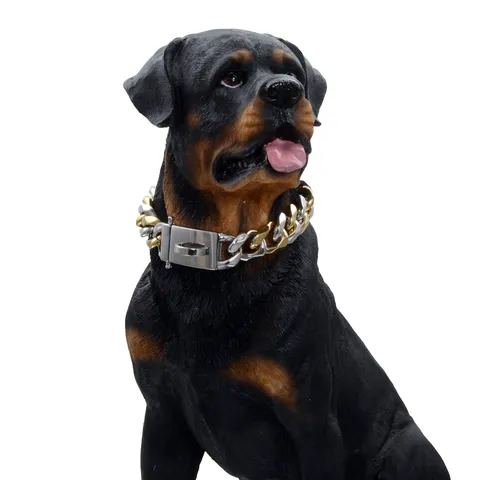 Stainless Steel Pet Dog Necklace Collar Heavy Duty Two-Tone Gold and Silver Cuban Link Chain for Medium Large Dogs