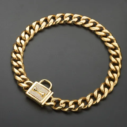 Heavy Duty Cuban Link Dog Collar Stainless Steel Metal Choke Chain Heavy Pet Dog Collar With Rhinestone Bone Lock