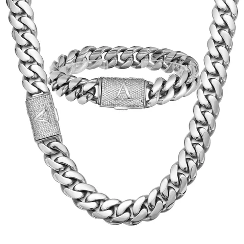 Men's Hip Hop Cuban Link Necklace Stainless Steel Letter Rhinestone Flip Buckle Heavy Chunky Chain Jewelry Gift