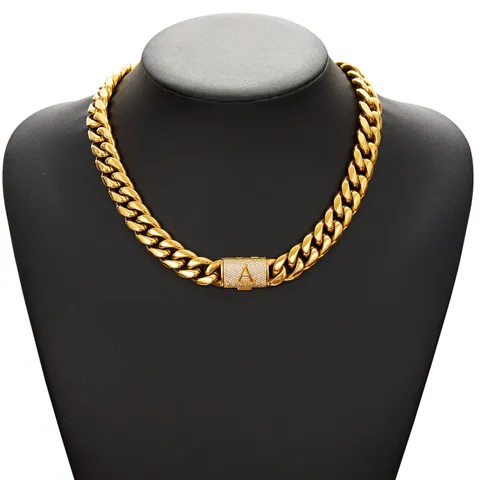 Men Hip Hop Cuban Chain Necklace Stainless Steel Rhinestone Letter Pendant Gold Necklace Fashion Jewelry For Men