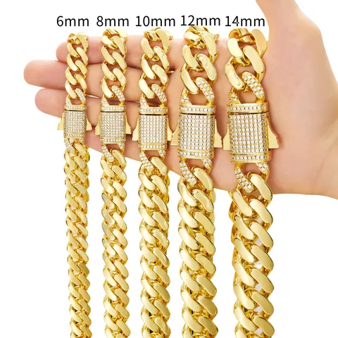 Men Stainless Steel Cuban Chain Necklace 14K Gold Plated Hip Hop Curb Chain With Rhinestone Lock Clasp Fashion Jewelry