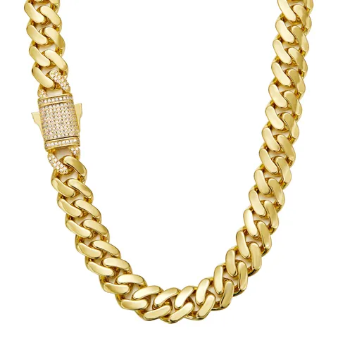 Men Stainless Steel Cuban Chain Necklace 14K Gold Plated Hip Hop Curb Chain With Rhinestone Lock Clasp Fashion Jewelry