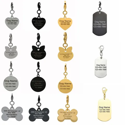 Stainless Steel Pet ID Tag Customizable Dog Name Plate Engraved Bone Heart Round Cat Shield Pendant Pet Supplies