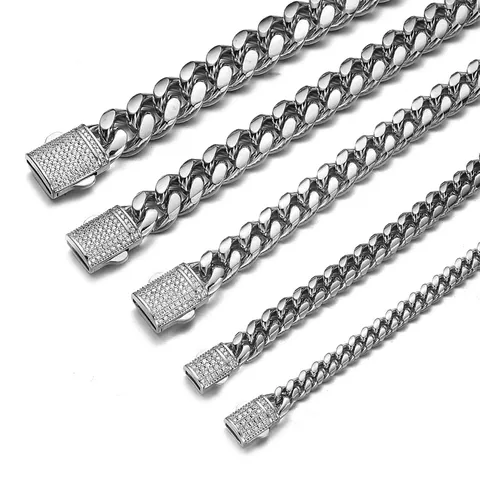 Men's Stainless Steel Cuban Curb Chain Necklace With Rhinestone Clasp Steel Color Heavy Link Chain Fashion Jewelry
