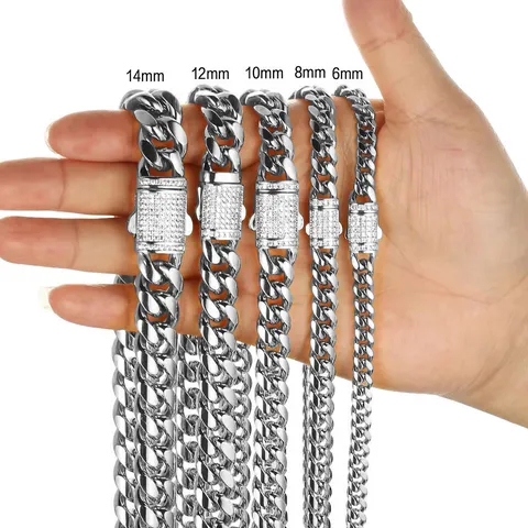 Men's Stainless Steel Cuban Curb Chain Necklace With Rhinestone Clasp Steel Color Heavy Link Chain Fashion Jewelry
