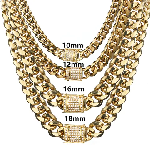 Men's Stainless Steel Cuban Link Chain Necklace Gold Plated Miami Curb Chain With Rhinestone Box Clasp Fashion Jewelry
