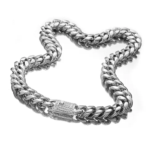 Men Stainless Steel Cuban Link Chain Necklace Miami Curb Chain With Rhinestone Clasp Hip Hop Fashion Jewelry