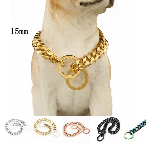 Heavy Duty Stainless Steel Cuban Link Dog Collar Metal Pet Chain Collar For Large Dogs Gold Silver Black
