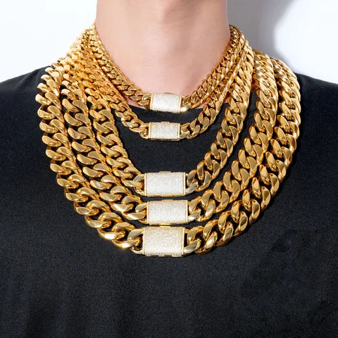 Men Stainless Steel Cuban Link Chain Necklace Gold Plated Hip Hop Micro Paved Rhinestone Lock Clasp Fashion Jewelry