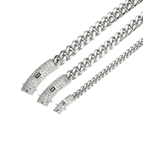 Men's Hip Hop Cuban Chain Necklace Stainless Steel Curb Chain With Rhinestone Clasp Steel Color Fashion Jewelry