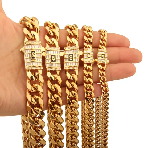 Men Stainless Steel Cuban Chain Necklace Gold Plated Heavy Chunky Miami Curb Chain Rhinestone Clasp Hip Hop Jewelry