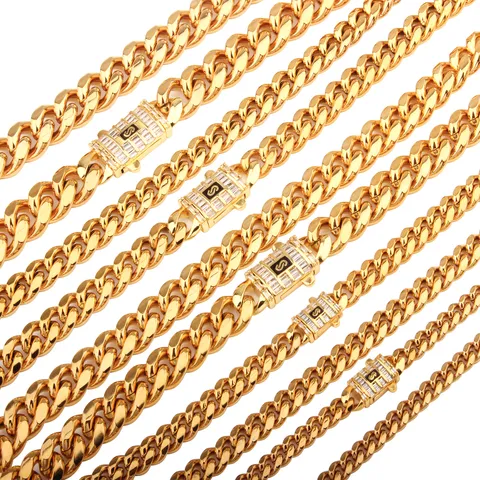 Men Stainless Steel Cuban Chain Necklace Gold Plated Heavy Chunky Miami Curb Chain Rhinestone Clasp Hip Hop Jewelry