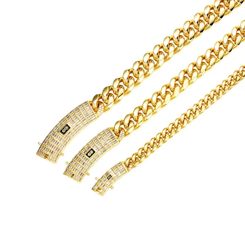 Men's Hip Hop Stainless Steel Cuban Link Chain Necklace Gold Plated Zirconia Clasp Heavy Curb Chain Jewelry