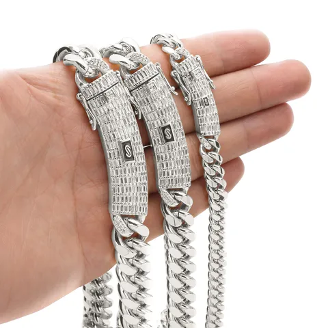Men's Hip Hop Cuban Chain Necklace Stainless Steel Curb Chain With Rhinestone Clasp Steel Color Fashion Jewelry