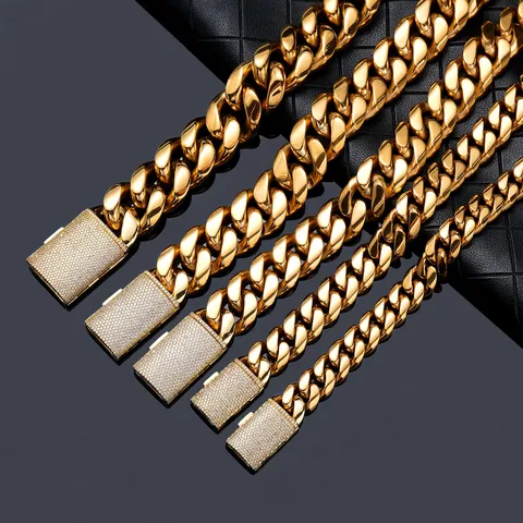 Men Stainless Steel Cuban Link Chain Necklace Gold Plated Hip Hop Micro Paved Rhinestone Lock Clasp Fashion Jewelry