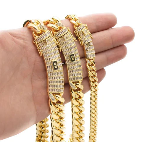 Men's Hip Hop Stainless Steel Cuban Link Chain Necklace Gold Plated Zirconia Clasp Heavy Curb Chain Jewelry