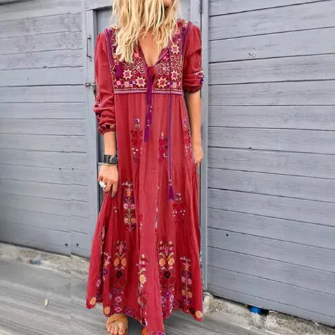 Women's Bohemian Floral Print V-Neck Maxi Dress Long Sleeve Drawstring Tassel Patchwork Ethnic Flowy Party Beach Dress