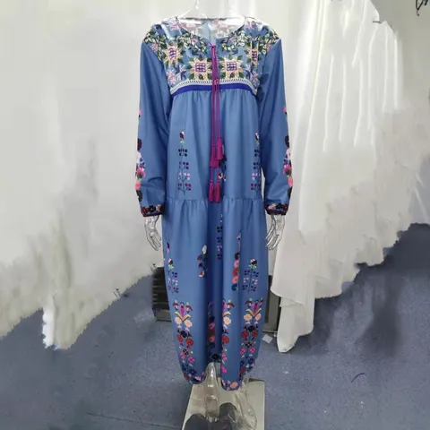 Women's Bohemian Floral Print V-Neck Maxi Dress Long Sleeve Drawstring Tassel Patchwork Ethnic Flowy Party Beach Dress