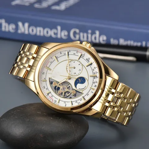 Luxury Men Automatic Mechanical Watch Moon Phase Flywheel Open Heart Dial Stainless Steel Strap Business Wristwatch