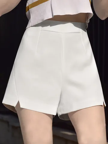 Pantaloncini da Donna a Vita Alta Linea A Gamba Larga Estate Stile Coreano Larghi Casual Pantaloncini da Abito Spacco Laterale Snellenti Tinta Unita Poliestere