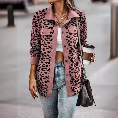 Giacca da Donna in Velluto a Coste con Stampa Leopardata Moda Risvolto Manica Lunga con Bottoni Casual Larga Autunno Inverno Top