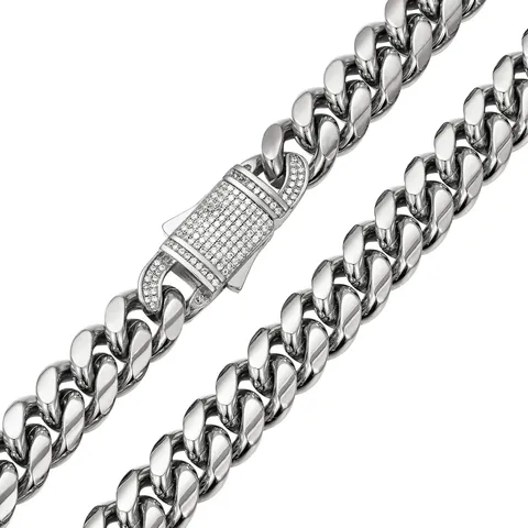Men's Stainless Steel Cuban Link Chain Necklace With Rhinestone Ear Buckle Hip Hop Fashion Jewelry Gift