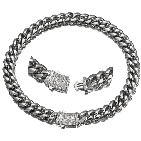 Stainless Steel Cuban Link Chain Necklace For Men Rhinestone Clasp Hip Hop Silver Tone Fashion Jewelry Necklaces Gift