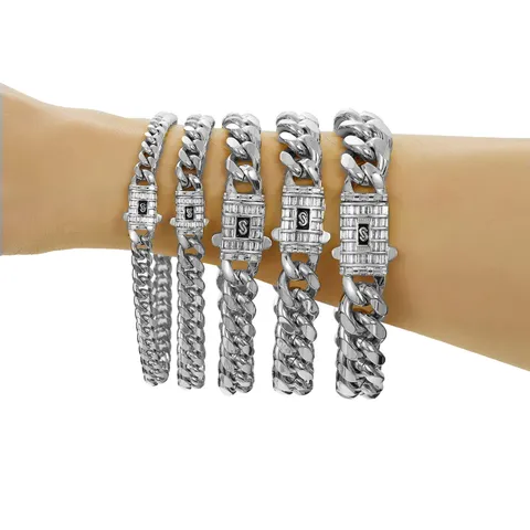 Men's Stainless Steel Cuban Link Chain Necklace And Bracelet Paved Rhinestone Clasp Hip Hop Heavy Metal Jewelry