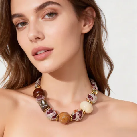 Bohemian Style Maillard Fabric Beaded Necklace Resin Colorful Choker Vintage Handmade Jewelry For Women