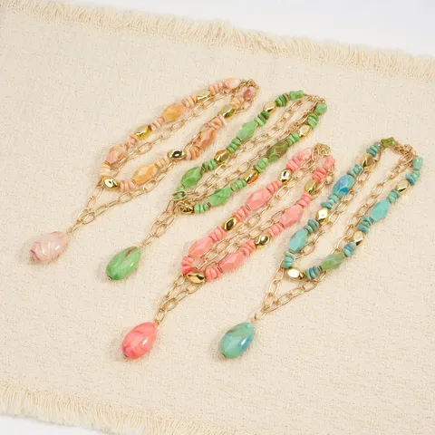 Multi-Layer Beaded Necklace Ins Style Contrast Color Oval Beads Metal Pendant Fashion Jewelry Necklace For Women Party