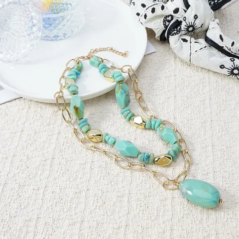 Multi-Layer Beaded Necklace Ins Style Contrast Color Oval Beads Metal Pendant Fashion Jewelry Necklace For Women Party