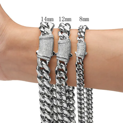 Stainless Steel Cuban Link Chain Necklace For Men Rhinestone Clasp Hip Hop Silver Tone Fashion Jewelry Necklaces Gift