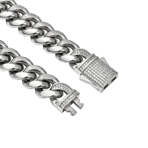 Men's Stainless Steel Cuban Link Chain Necklace With Rhinestone Ear Buckle Hip Hop Fashion Jewelry Gift