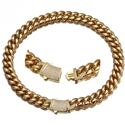 Men's Stainless Steel Cuban Link Chain Necklace Gold Plated Rhinestone Clasp Hip Hop Fashion Jewelry