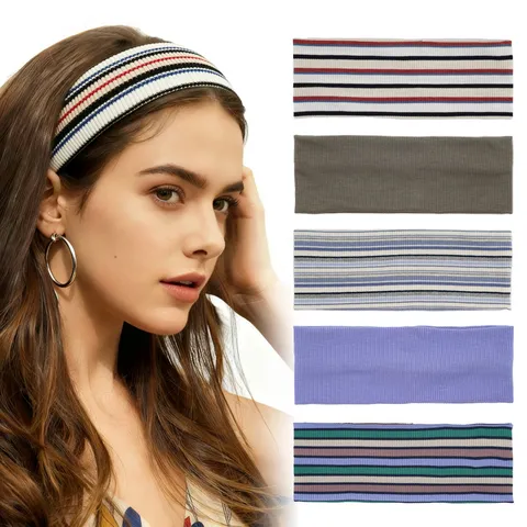 Retro Knitted Headband Wide Brim Stripe Solid Color Elastic Hair Band Soft Sweatproof Hair Accessories For Women