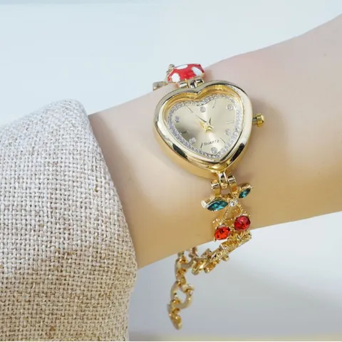 Women Cute Heart Shaped Quartz Watch Retro Fruit Flower Pendant Chain Strap Gold Wristwatch Fashion Jewelry Gift