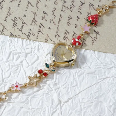 Women Cute Heart Shaped Quartz Watch Retro Fruit Flower Pendant Chain Strap Gold Wristwatch Fashion Jewelry Gift