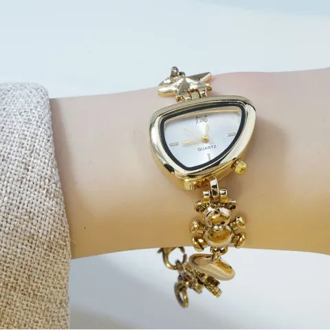 Women's Fashion Gold Quartz Watch With Irregular Dial And Cute Bear Star Heart Flower Pendant Bracelets Jewelry Gift
