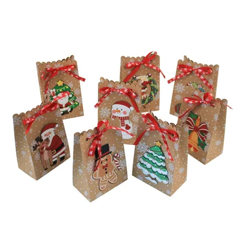 Bolsas de Regalo de Papel Kraft de Navidad Cajas de Caramelos Con Estampado de Copos de Nieve Cinta Roja Etiquetas Suministros de Embalaje para Fiestas