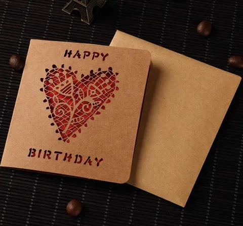 Retro Hollow Kraft Paper Greeting Card Laser Cut Blessing Message Card With Envelope For Birthday Holiday Gift