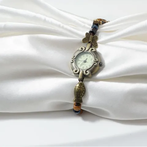 Vintage Bronze Beaded Woven Bracelet Watch Women Marine Style Quartz Wristwatch Ceramic And Metal With Glass